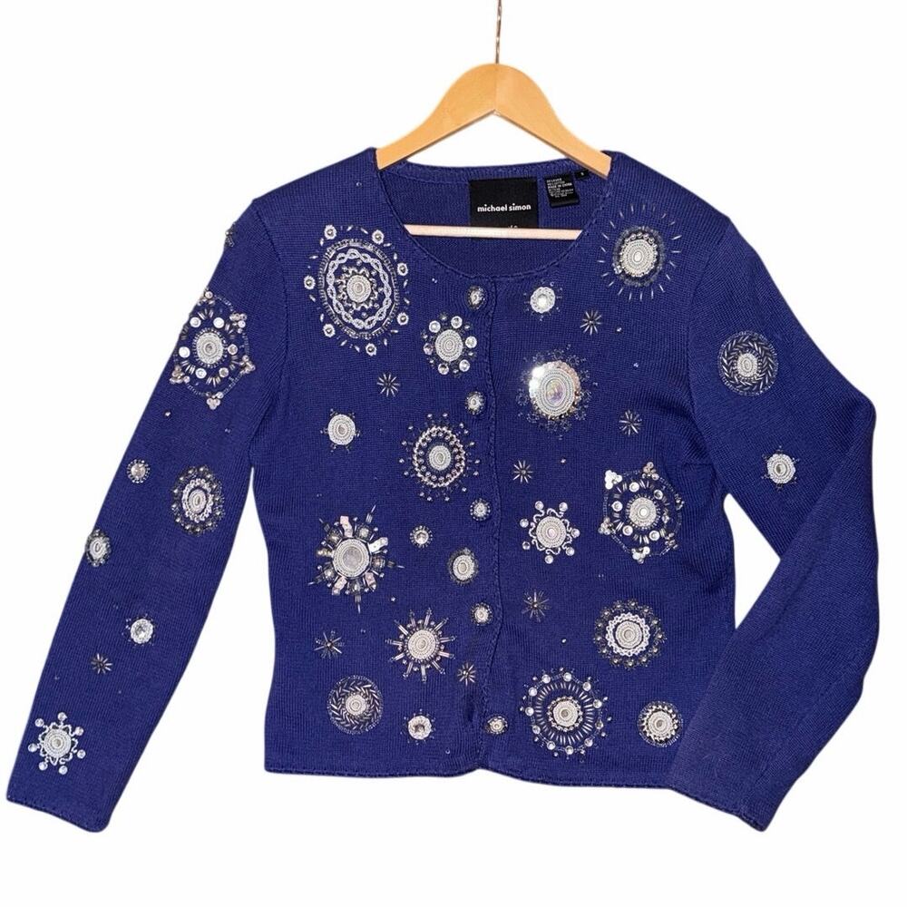 Vintage Michael Simon blue black mirror embellished button cardigan sweater S